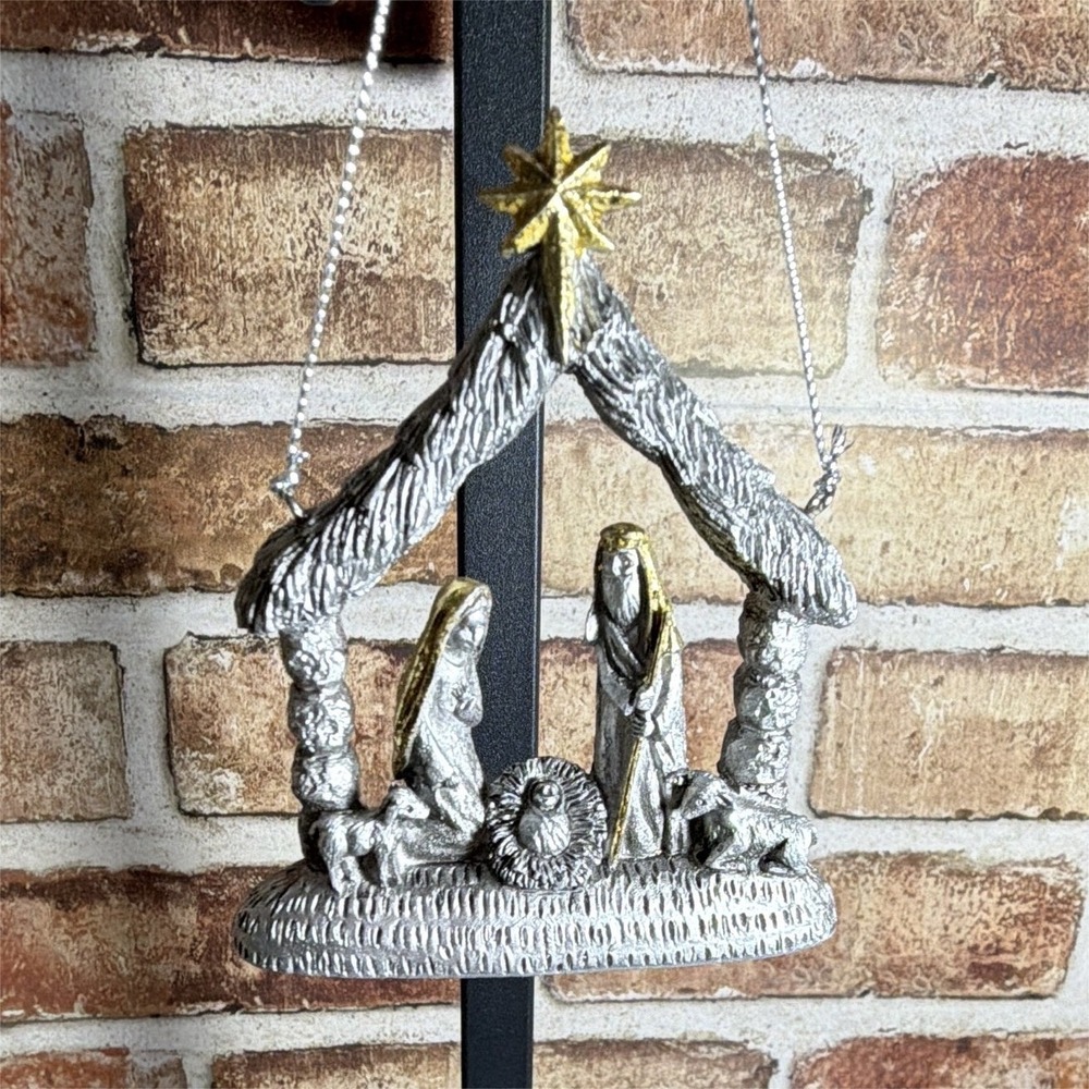 Resin Hanging Metallic Silver Gold Nativity Stable Ornament w/ Star Mary Joseph